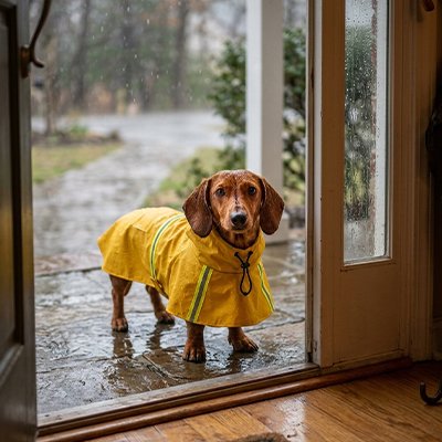 Teckel en imperméable jaune sur le pas de la porte un jour de pluie