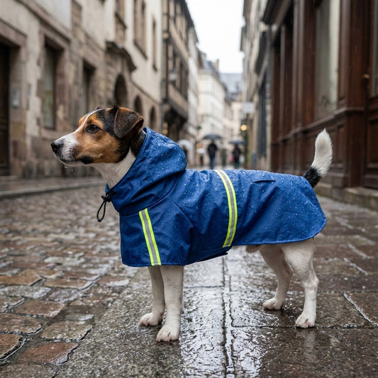 Imperméable pour chien à capuche bleu à bandes réfléchissantes porté par un Jack Russell sous la pluie