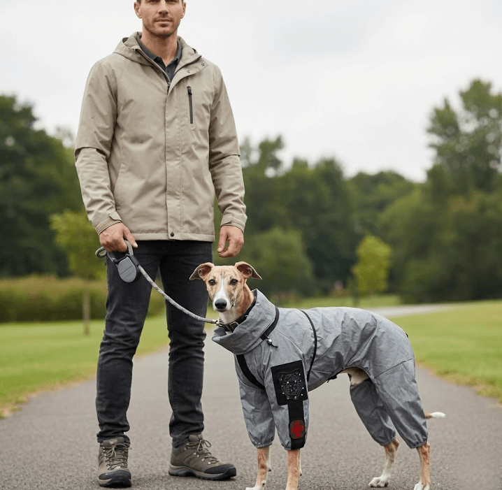 Chien de taille moyenne portant une combinaison imperméable grise 4 pattes, tenu en laisse