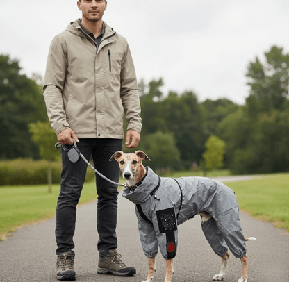 Chien de taille moyenne portant une combinaison imperméable grise 4 pattes, tenu en laisse