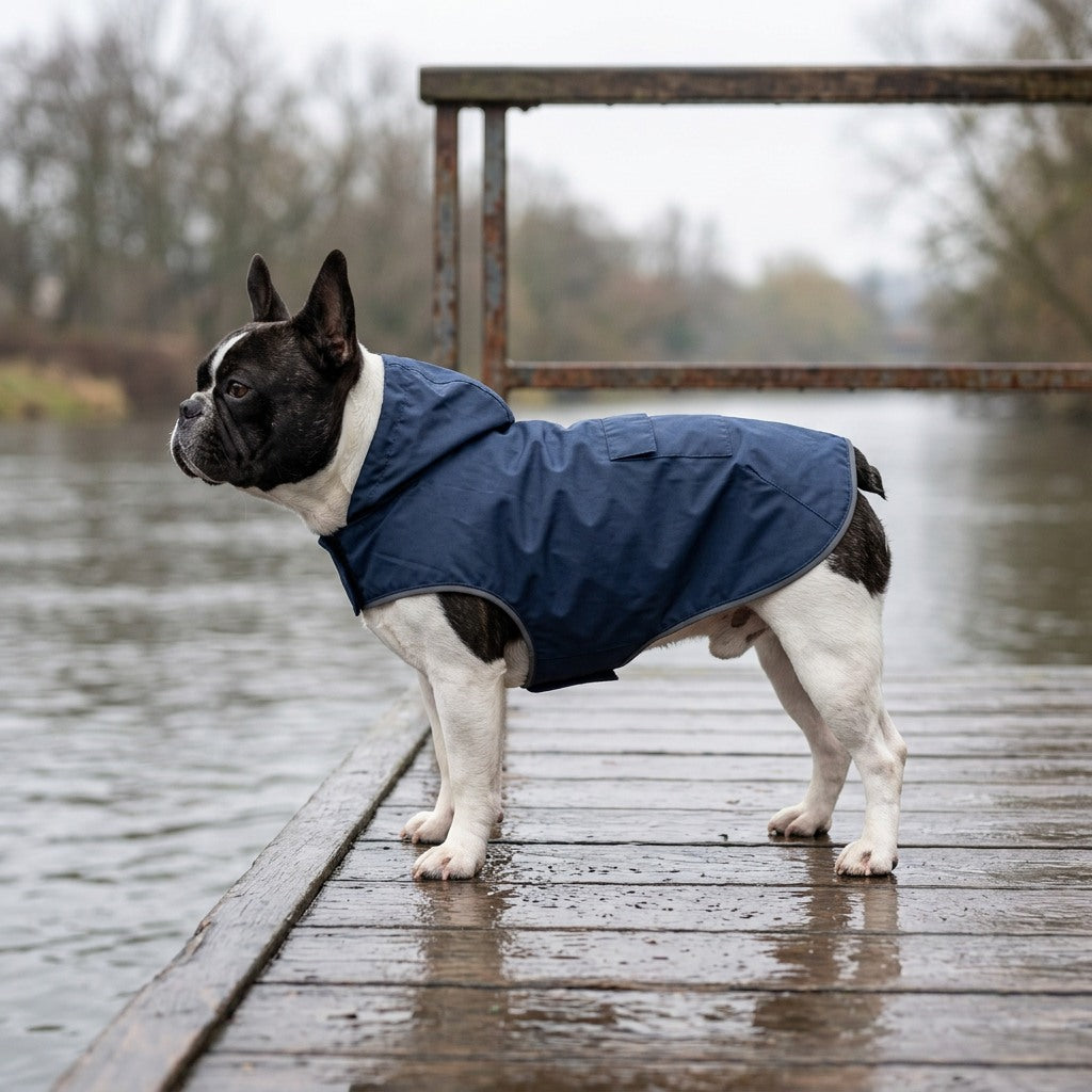 Bouledogue français en veste de pluie bleu marine à capuche sur un quai