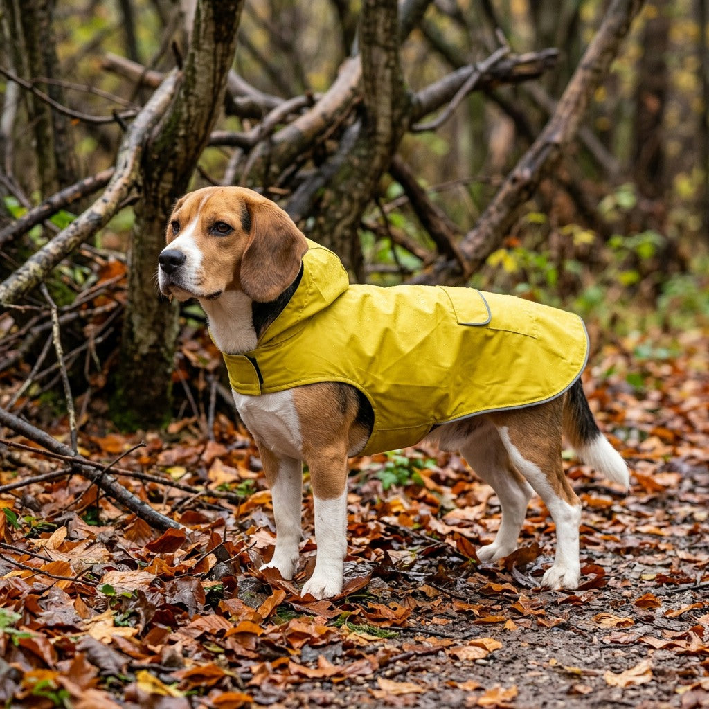 Beagle en veste de pluie jaune à capuche dans un sous-bois d'automne