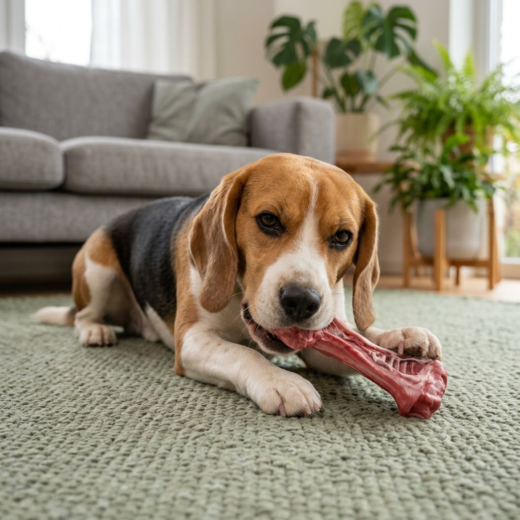 Beagle couché sur un tapis qui mordille son os à mâcher