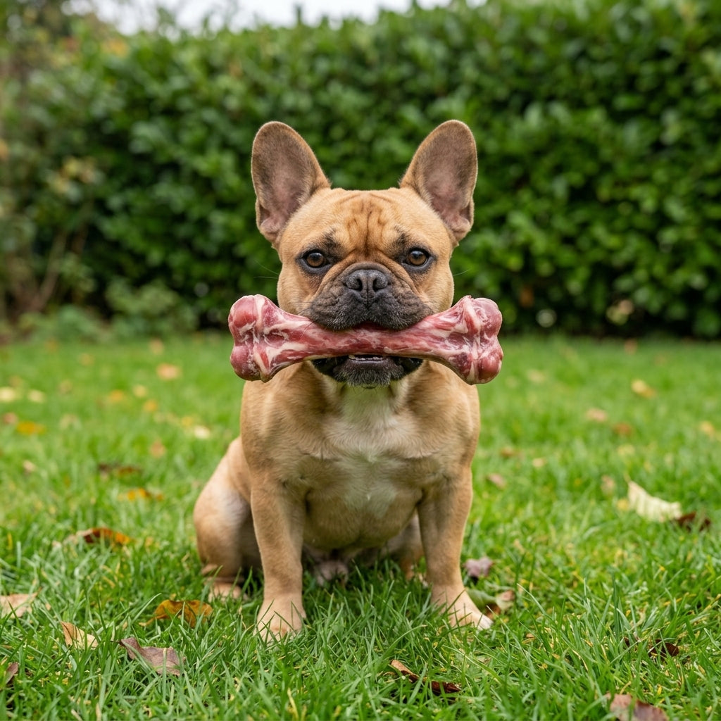 Bouledogue français assis dans l'herbe, son os en caoutchouc dans la gueule