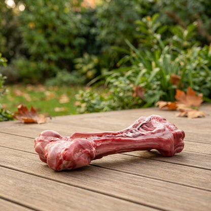 Jouet chien : os à mâcher en caoutchouc rose et rouge posé sur une terrasse