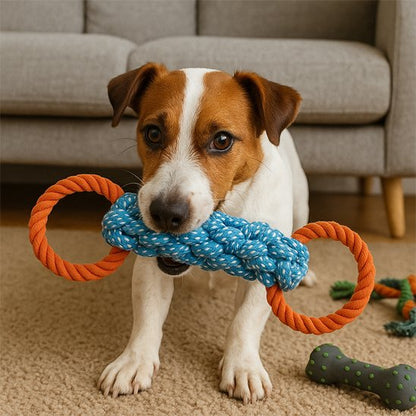 Jouet corde pour chien bleu et orange, jack russell au salon