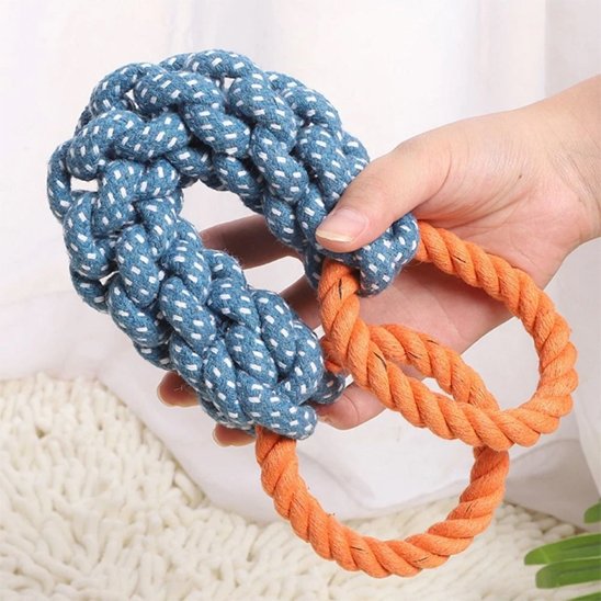 Corde à mâcher tressée bleue et anneaux orange tenus en main