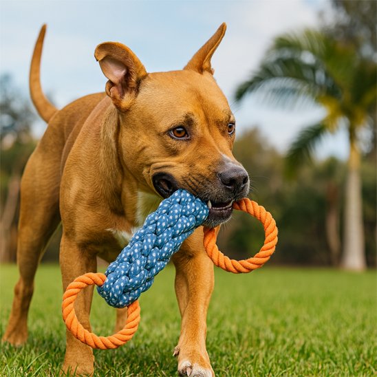 Chien jouant dans l'herbe avec une corde tressée bleue à deux anneaux