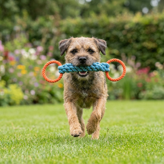 Jouet corde pour chien bleu à anneaux orange porté par un Border Terrier qui court dans un jardin