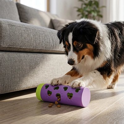 Chien Berger Australien jouant avec le distributeur de friandises