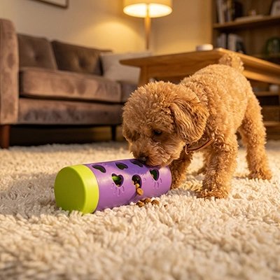 Chiot Caniche jouant avec le jouet distributeur sur tapis