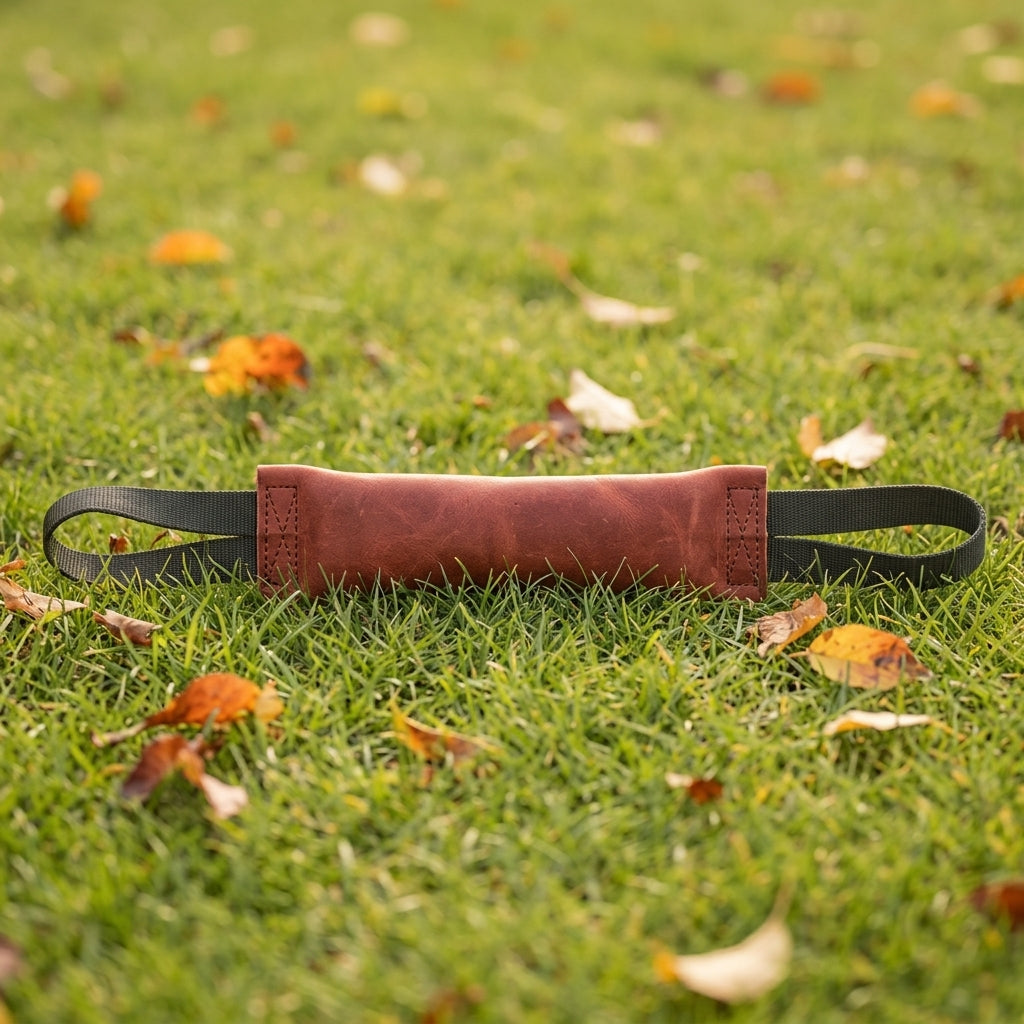 Jouet indestructible pour chien : boudin de traction en cuir rouge brique à deux poignées, posé dans l'herbe