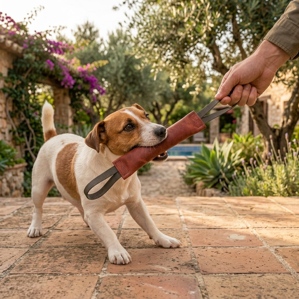Jack Russell jouant à la traction avec le boudin en cuir, taille M