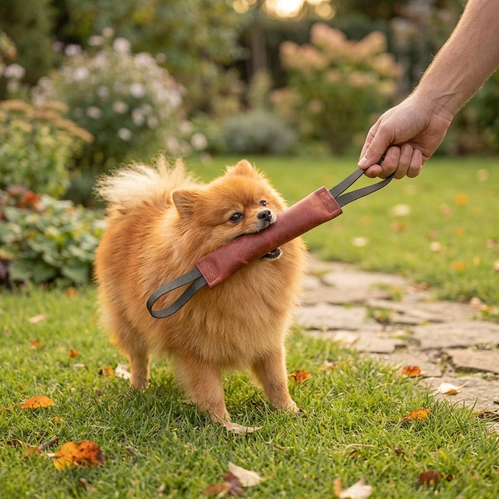 Spitz nain tirant sur le petit boudin en cuir, taille S