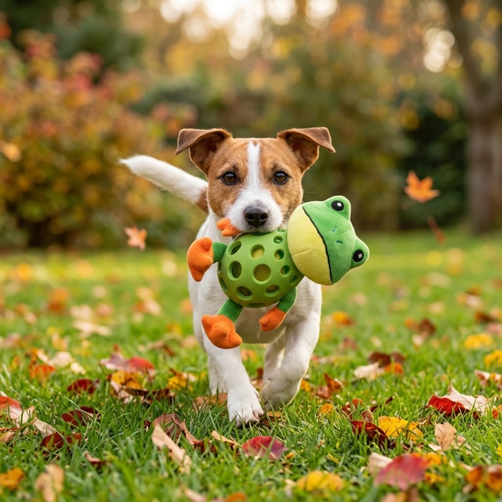 Jack Russell qui rapporte sa grenouille en peluche dans un jardin d'automne