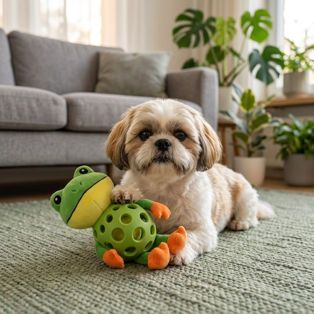 Shih Tzu couché sur un tapis, une patte posée sur sa grenouille couinante