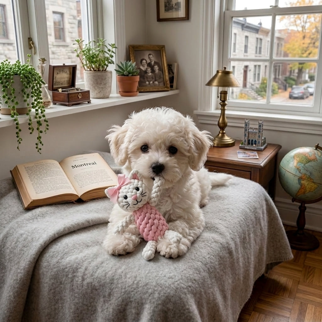 Chiot bichon avec sa peluche chat en corde blanche et rose