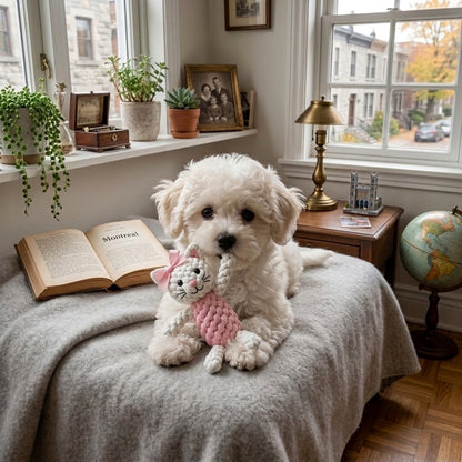 Chiot bichon avec sa peluche chat en corde blanche et rose