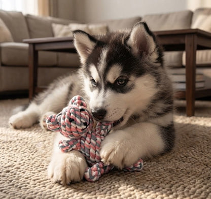 Jouet pour chiot ourson en corde tressée rose et bleu, avec un chiot husky
