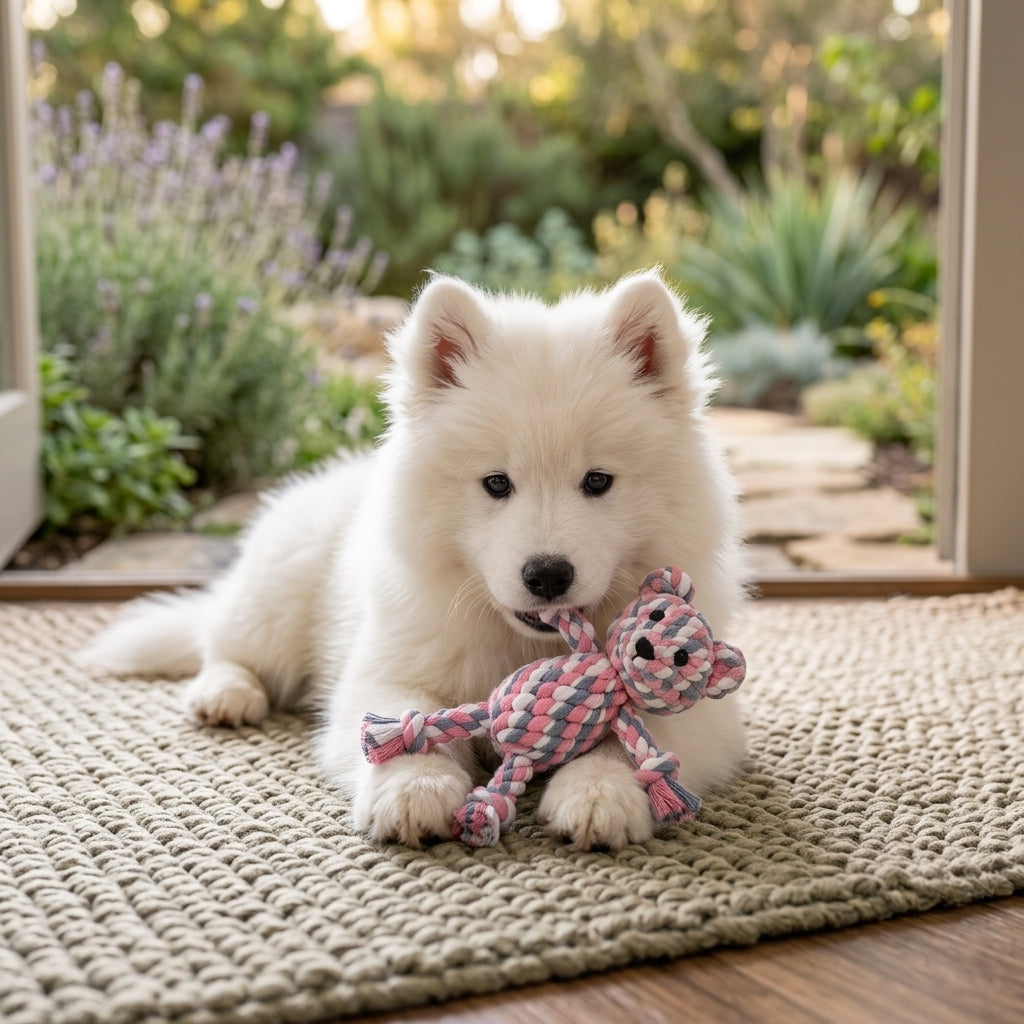 Chiot samoyède blanc couché sur un tapis avec son ourson en corde de coton