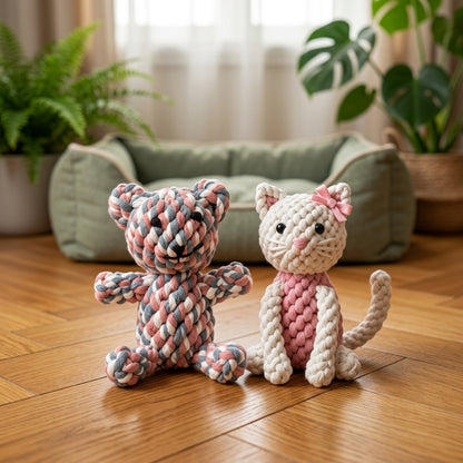 Deux peluches en corde de coton pour chiot : ourson rose et bleu, chat blanc et rose