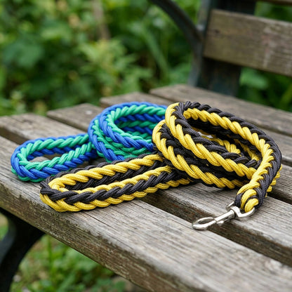 Laisse pour chien tressée en nylon, coloris bleu et vert et jaune et noir, posées sur un banc en bois