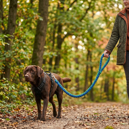 Femme promenant un Labrador chocolat en forêt avec la laisse tressée bleu et vert