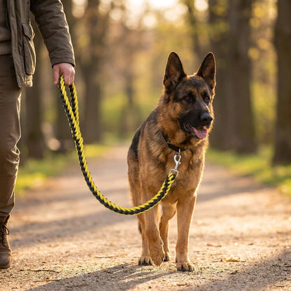 Berger allemand en promenade dans un parc avec la laisse tressée jaune et noir