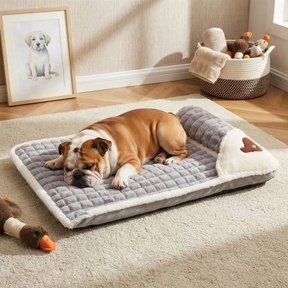 Lit pour chien gris avec un bouledogue anglais endormi sur le matelas moelleux
