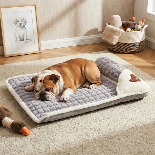 Lit pour chien gris avec un bouledogue anglais endormi sur le matelas moelleux