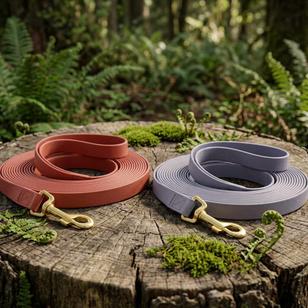 Longe pour chien en PVC rouge et gris lavande, enroulées sur une souche en forêt, mousquetons dorés