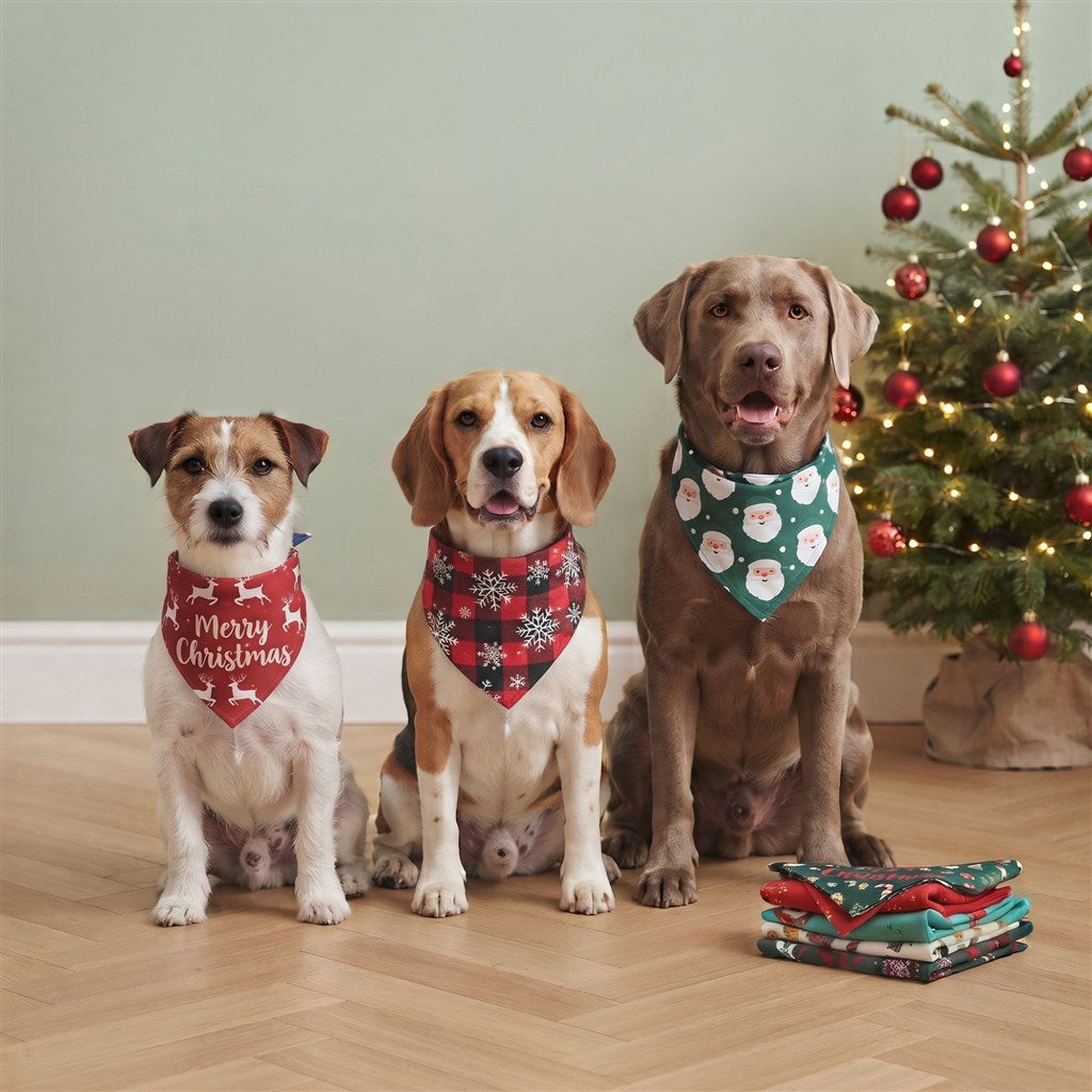 Jack Russell, Beagle et Labrador portant chacun un bandana de Noël différent devant le sapin