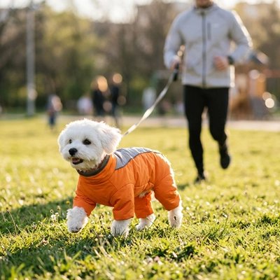 Bichon courant dans un parc avec la combinaison orange