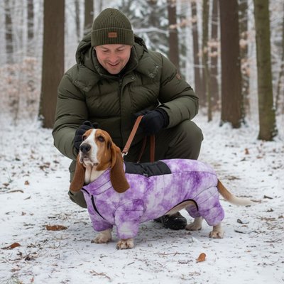 Basset en manteau 4 pattes violet marbré avec son maître dans la forêt enneigée