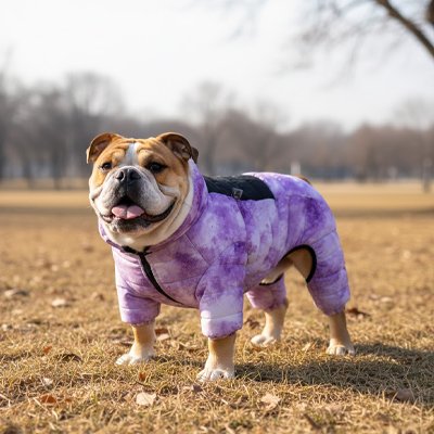 Manteau pour chien 4 pattes violet effet marbré porté par un bouledogue