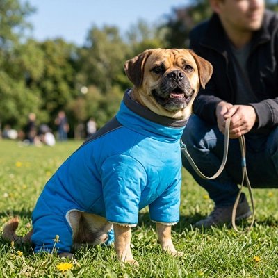Chien assis dans l'herbe avec la combinaison d'hiver bleue