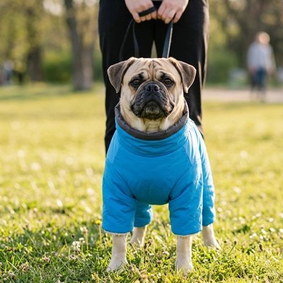 Chien portant la combinaison d'hiver bleue dans un parc