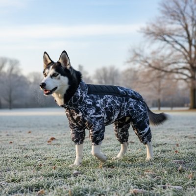 Chien portant le manteau 4 pattes noir marbré dans un pré givré