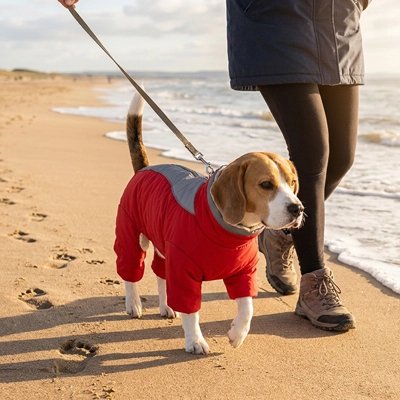 Chien en combinaison d'hiver rouge en promenade sur la plage