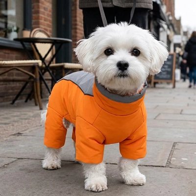 Manteau pour chien en combinaison orange porté par un bichon dans la rue