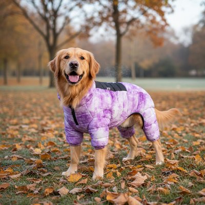 Golden retriever portant le manteau 4 pattes violet marbré dans les feuilles d'automne