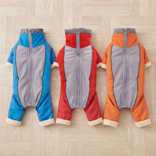 Manteau pour chien imperméable en combinaison bleue, rouge et orange posée à plat, dos gris à fermeture éclair