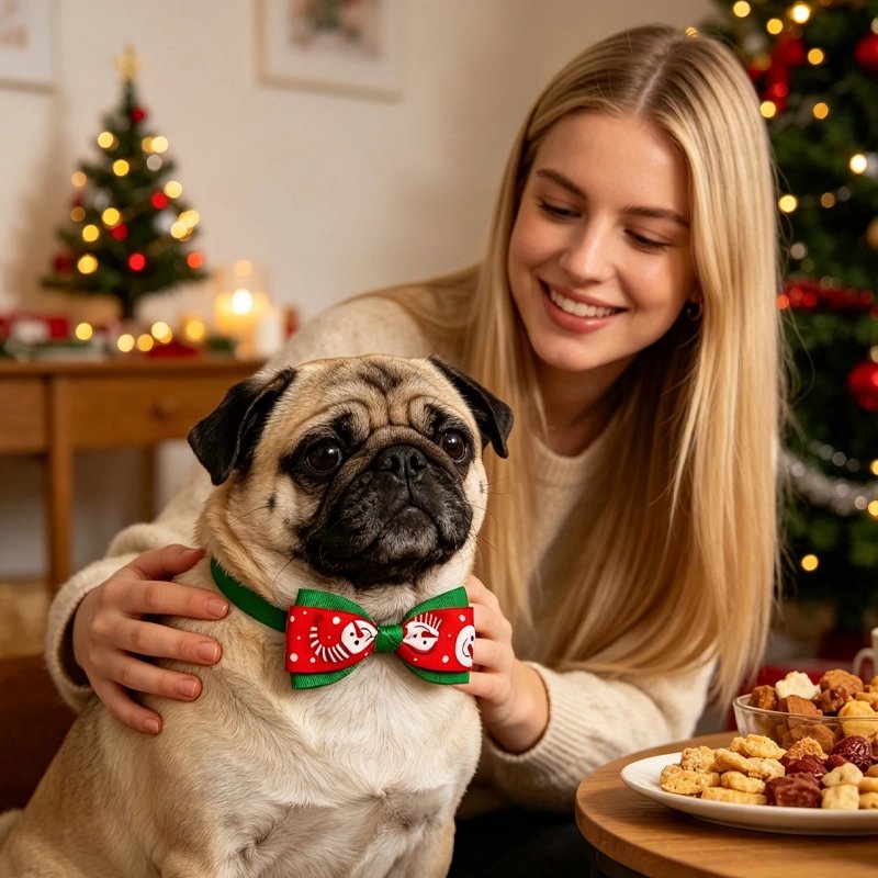 Nœud papillon de Noël pour chien rouge et vert à bonhomme de neige sur un carlin