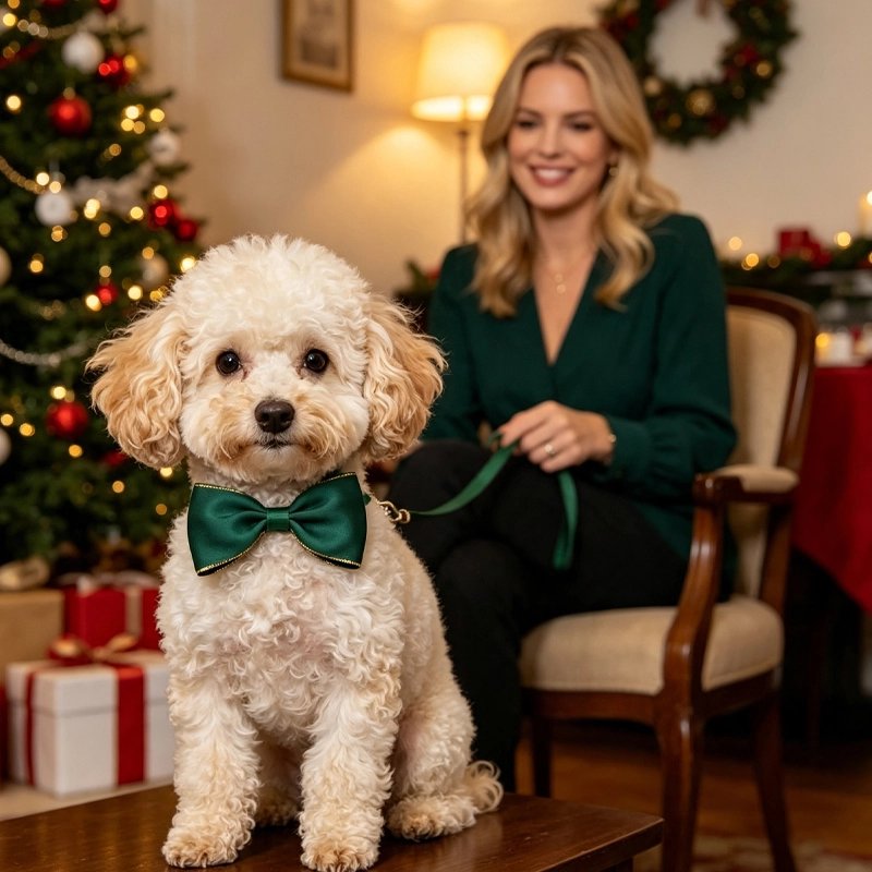 Caniche abricot devant le sapin avec un nœud papillon vert sapin