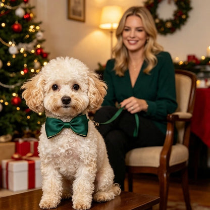 Caniche abricot devant le sapin avec un nœud papillon vert sapin