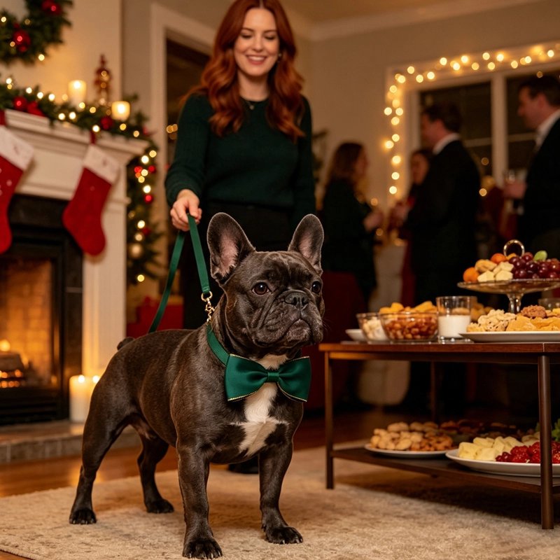 Bouledogue français bringé avec un nœud papillon vert pendant une soirée de Noël