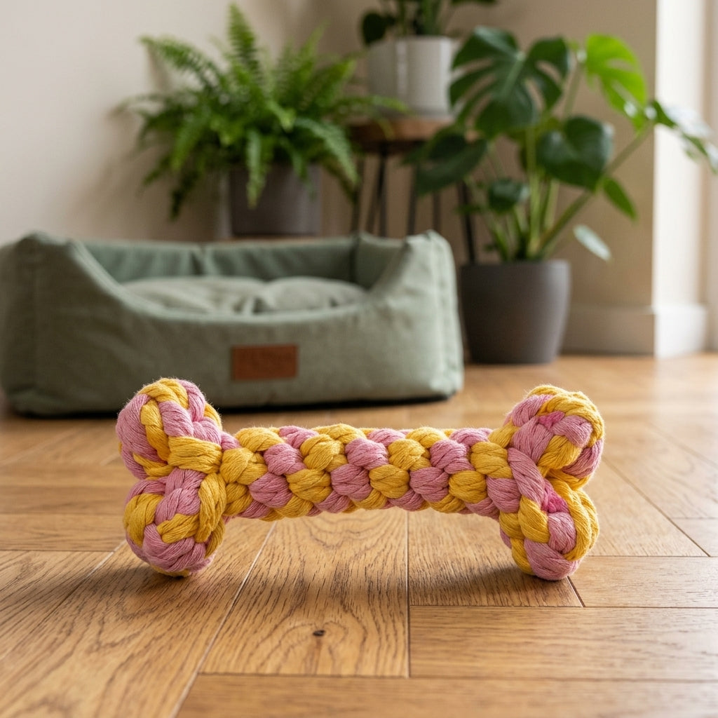 Os en corde pour chien tressé en coton rose et jaune, posé sur un parquet