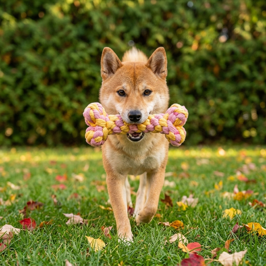 Shiba qui rapporte son os tressé rose et jaune dans un jardin d'automne