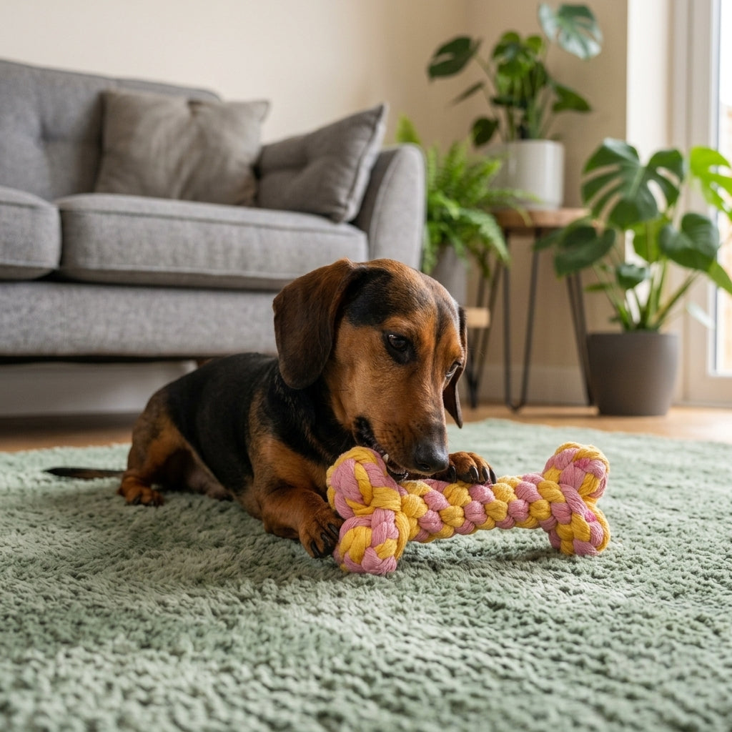 Teckel couché sur un tapis qui mordille son os en coton tressé