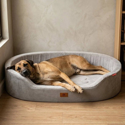 Grand chien couché dans un panier gris (grandes tailles sur demande)
